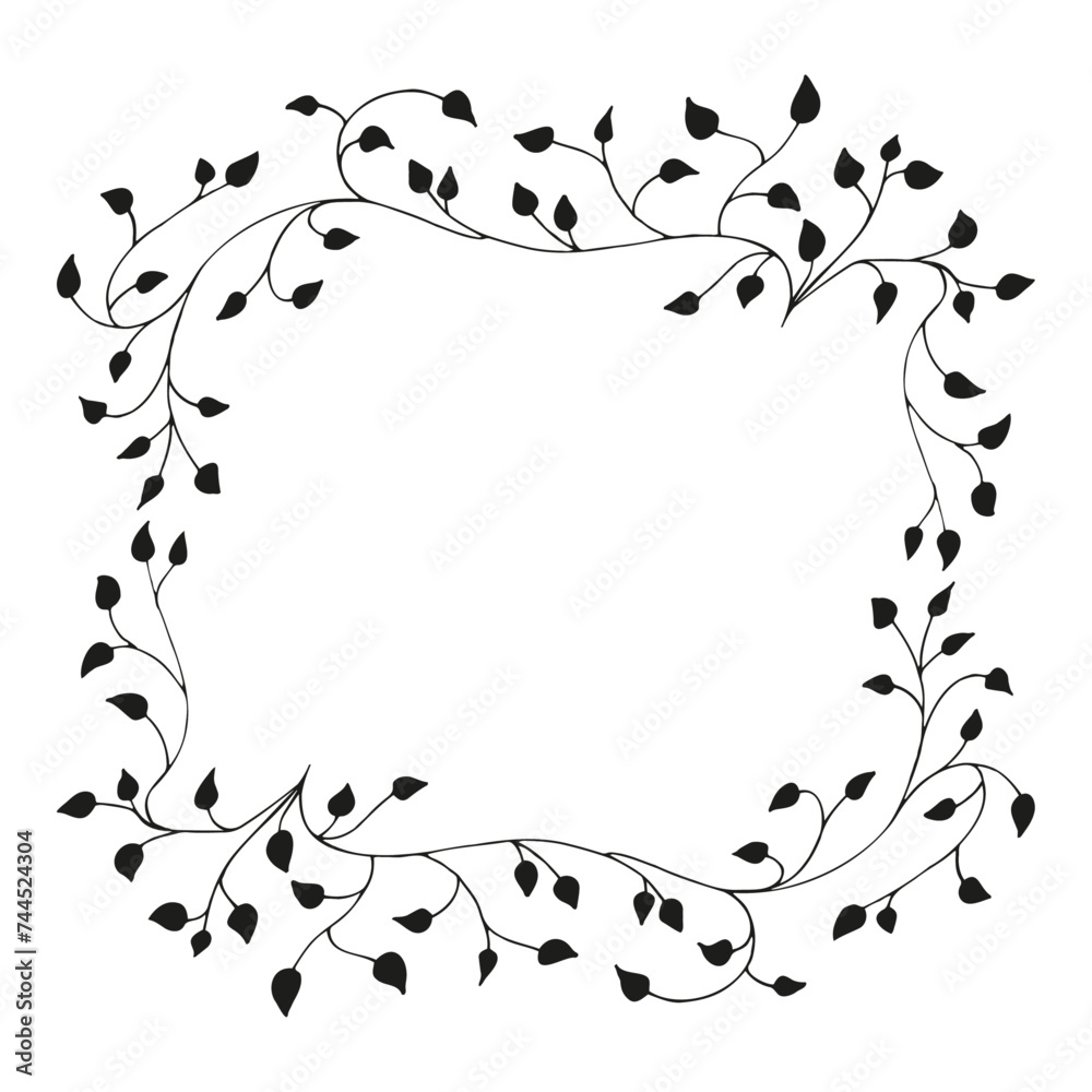 Spring black pattern on white background, frame of floral tree branches, leaves, plants. Elegant, aesthetic, stylish monochrome Decoration. Hand drawing doodles of botanical elements. Spring black pattern on white background, frame of floral tree branches, leaves, plants. Elegant, aesthetic, stylish monochrome Decoration. Hand drawing doodles of botanical elements.