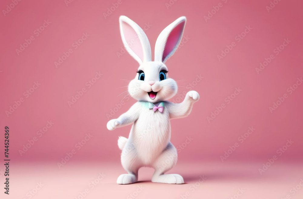 Cartoon cute bunny dancing on pink background with copy space. Happy easter banner Cartoon cute bunny dancing on pink background with copy space. Happy easter banner