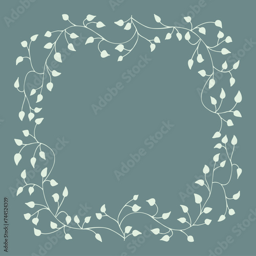 Spring pattern on green, light, muted background, frame of tree branches, leaves, plants. Elegant, aesthetic, stylish Decoration in flat style. Hand drawing doodles of botanical elements