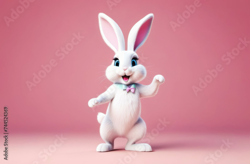 Cartoon cute bunny dancing on pink background with copy space. Happy easter banner