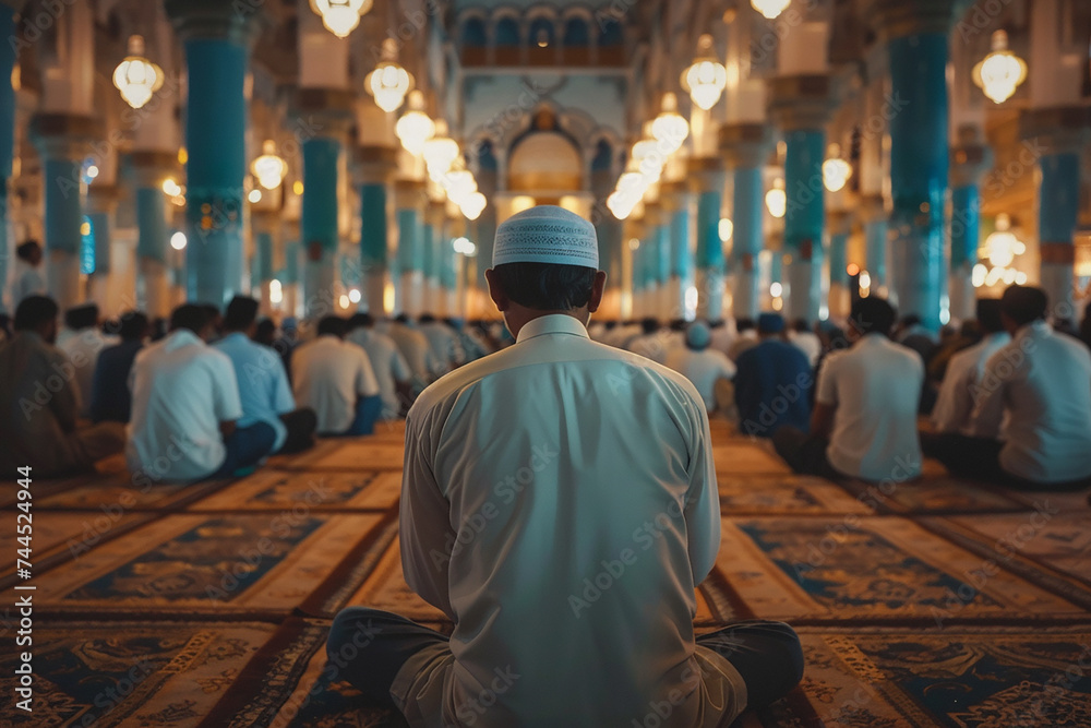 A man sits in prayer position facing a mosque at night, illuminated by lanterns. A man sits in prayer position facing a mosque at night, illuminated by lanterns.
