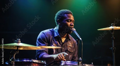 Male musician playing drummer during concert
