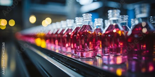 Colorful bottles moving along a conveyor belt in a factory production line. Concept Factory Production Line, Conveyor Belt, Colorful Bottles, Moving Items