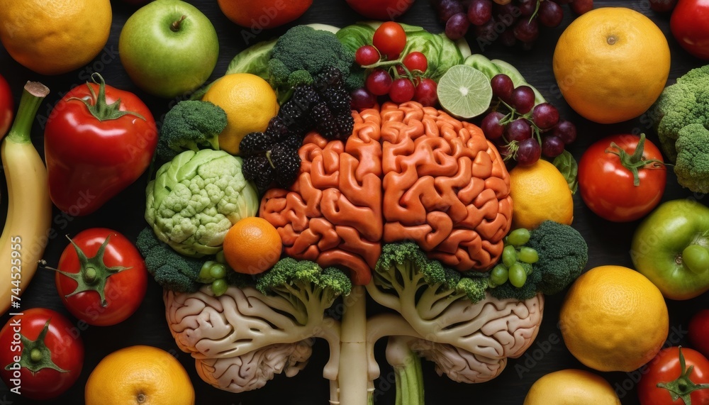 Model of human brain maked from vegetables and fruits - obrazy, fototapety, plakaty 