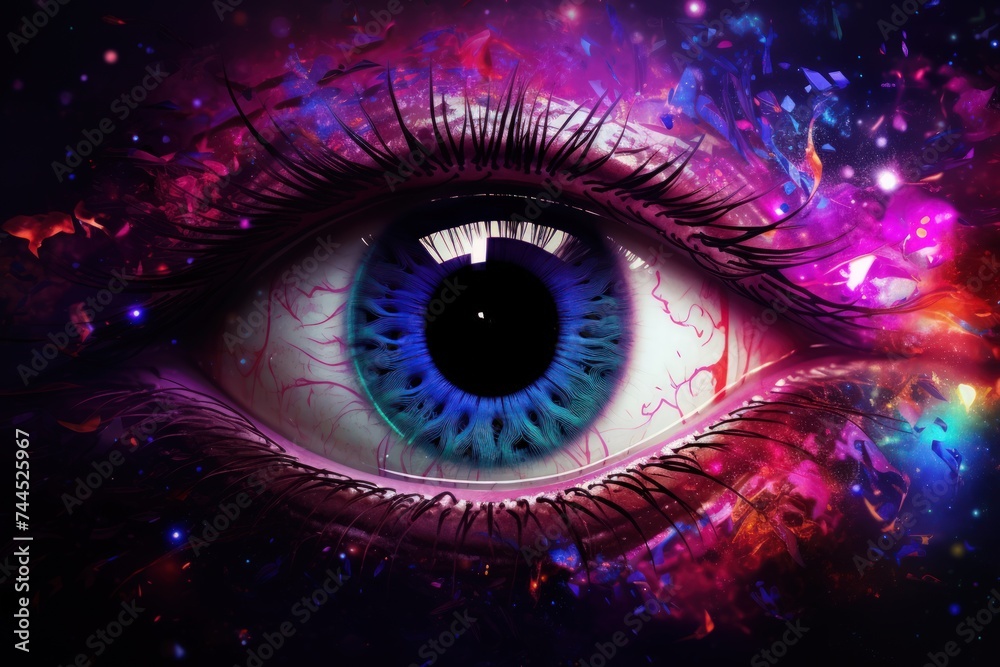 Macro beauty A captivating illustration capturing the essence of a woman's eye in a cosmic display, where the intricacies of iris and eyelashes create a mesmerizing blend of color and design - obrazy, fototapety, plakaty 