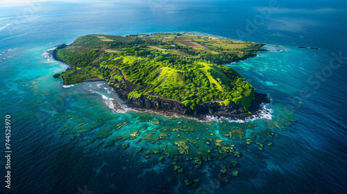 Aerial view of a volcanic island surrounded by turquoise waters.