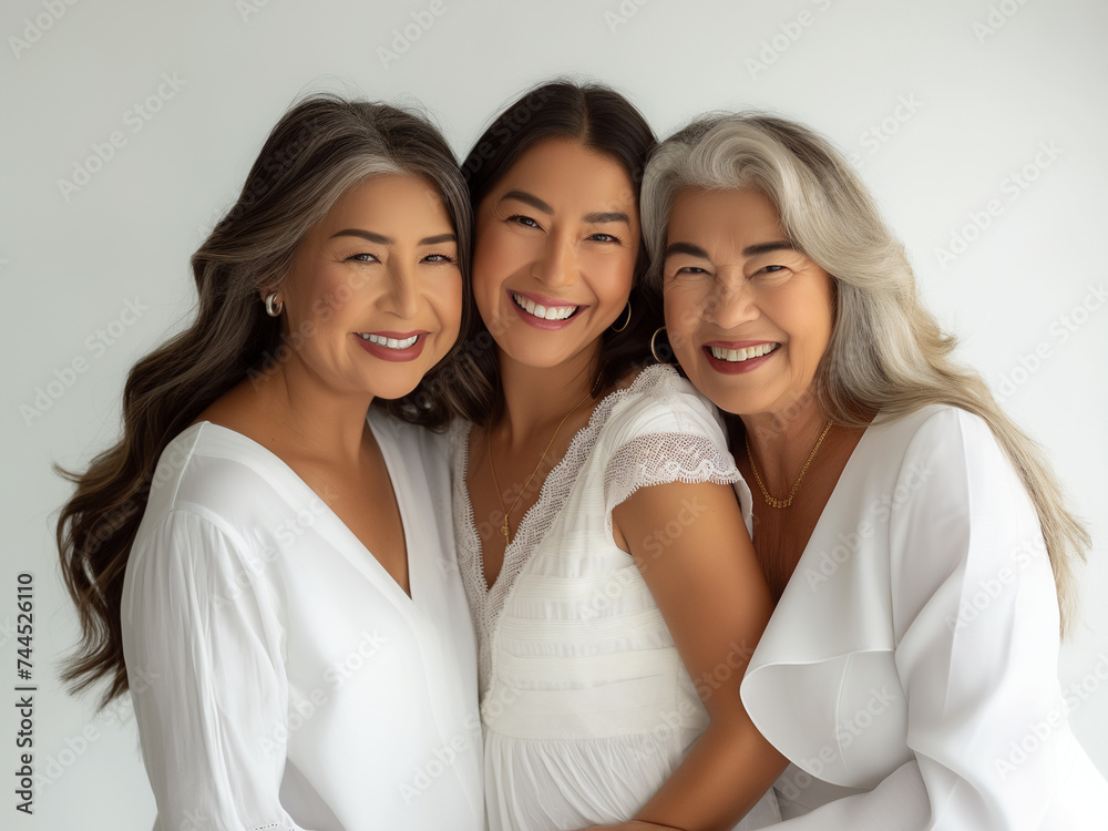 Happy family portrait featuring three women, and a mother-daughter, all smiling and radiating joy in a beautiful moment of love and togetherness Happy family portrait featuring three women, and a mother-daughter, all smiling and radiating joy in a beautiful moment of love and togetherness