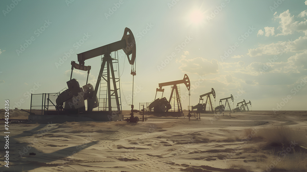 Multiple oil pumpjacks stand in a desert, captured during the golden hour with warm sunlight bathing the scene.
