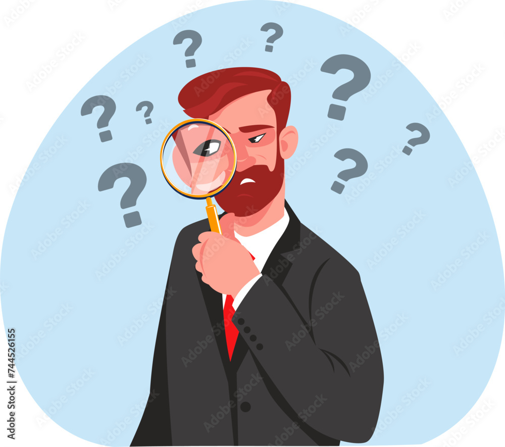 Businessman is looking through magnifying glass, man is looking for answers to his questions. Stock vector illustration
Businessman is looking through magnifying glass, man is looking for answers to his questions. Stock vector illustration