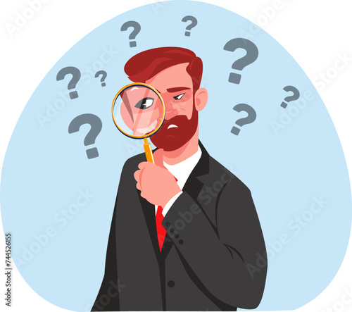 Businessman is looking through magnifying glass,  man is looking for answers to his questions. Stock vector illustration


