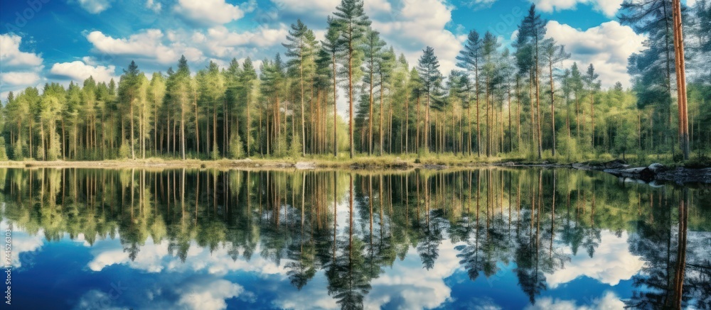 Pine forest, with a bright blue sky reflected in the calm water.