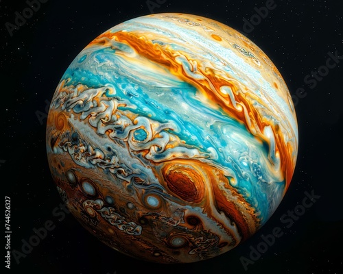 Jupiters swirling storms and Great Red Spot captured in vibrant colors to highlight atmospheric dynamics realistic in detail for stock photo and suitable for science magazine