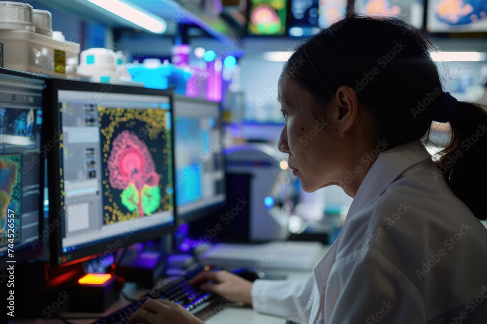 Scientist studying detailed brain scan data on dual monitors in a medical lab. Scientist studying detailed brain scan data on dual monitors in a medical lab.