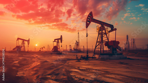 Multiple oil pumpjacks stand in a desert, captured during the golden hour with warm sunlight bathing the scene. 