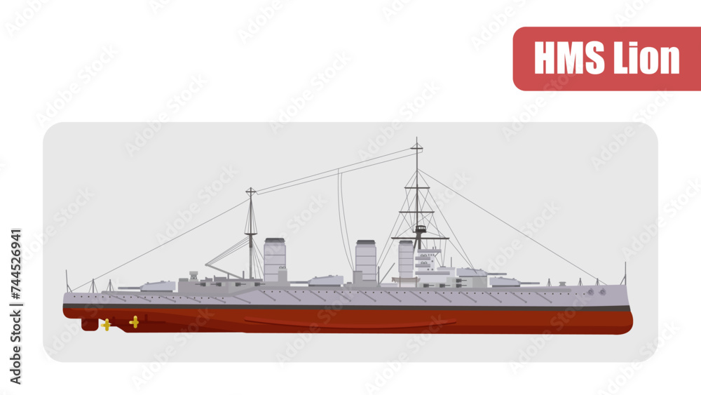 Fototapeta premium HMS Lion 1910 battlecruiser. Royal Navy Lead Ship. Lion-class battlecruiser. Flat Vector Illustration