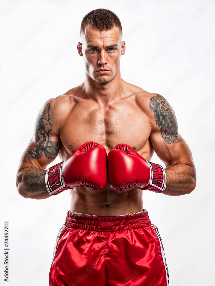 Boxer, cardio and man training with red boxing gloves for sport, workout and exercise in gym. Athlete with motivation, strength and muscle practicing. Isolated over white background	
