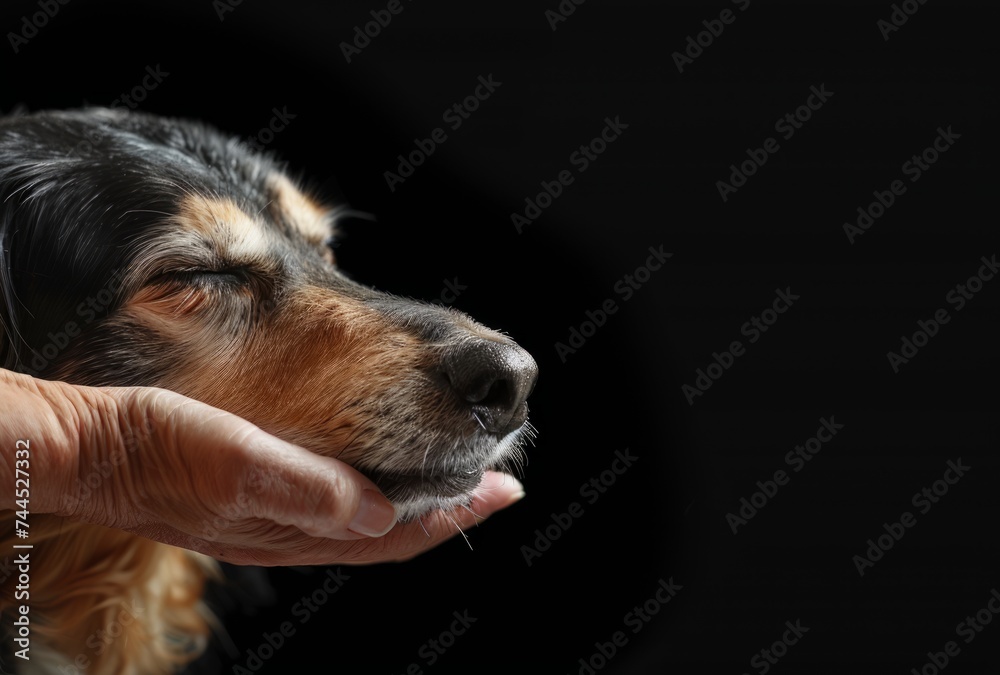 A dog being pet by hand on black background, international kissing day image A dog being pet by hand on black background, international kissing day image