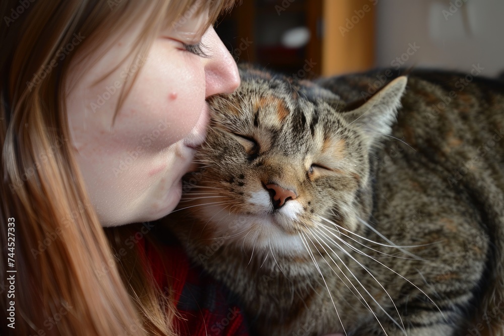 An adorable cat cuddles and kisses her owner at home, cute kiss photo An adorable cat cuddles and kisses her owner at home, cute kiss photo