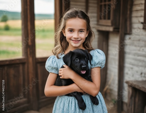 A village girl in a dress with a puppy in her arms © orelphoto