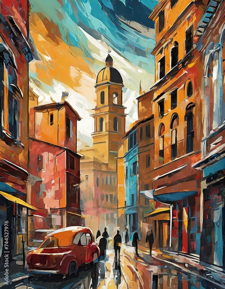 A digital art in Roma Urban cityscape with bustling street life in flat art design
