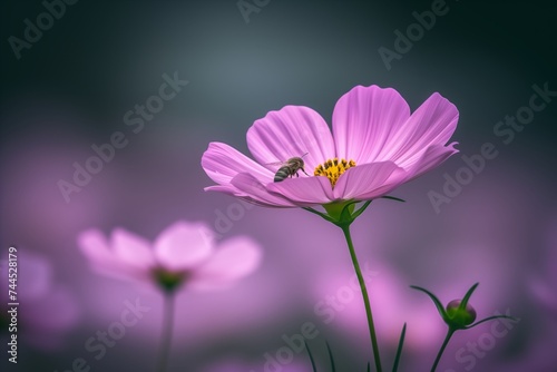 A solitary bee perches delicately on the fragile petal of a blooming cosmos flower  creating a harmonious blend of wildlife and flora. The backdrop of blended purple hues adds a sense of tranquility