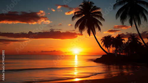 Beautiful beach sunset. The beach curves gently to the right, bordered by rows of palm trees that stand as silhouettes against the clear sky. © J