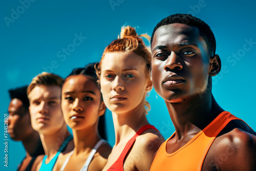 A diverse group of athletes in sports attire against a bright blue sky.Olympic games multycultural