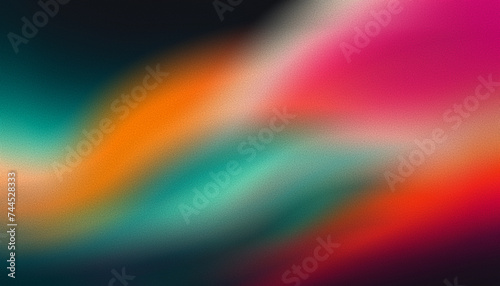 Vibrant rainbow, orange, pink, teal, white psychedelic grainy gradient color flow wave on black background,. Abstract blurry liquid header design concept.