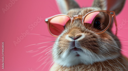 Closeup portrait of a cute bunny in mirror sunglasses on the pink background with copy space