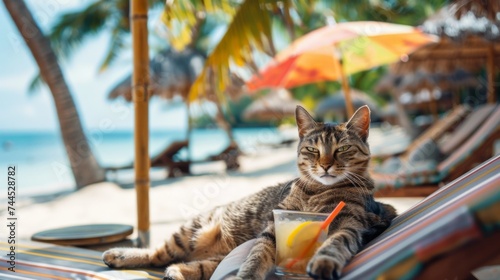 A chilled tabby cat lounges in a hammock with a fresh cocktail, embodying ultimate relaxation on a sunny beach.