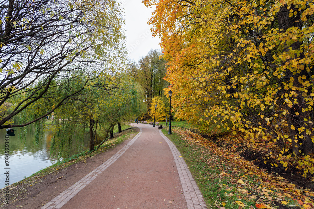 Walking path in the autumn park along the lake