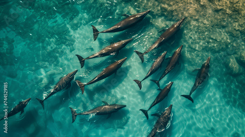 Aerial View of a Graceful Pod of Dolphins Gliding Through the Crystal Blue Waters, Highlighting the Majestic Wildlife of the Ocean Ecosystem