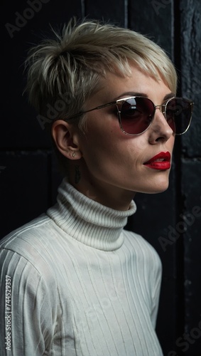 Woman model with cool haircut, in a white turtleneck dress and large sunglasses