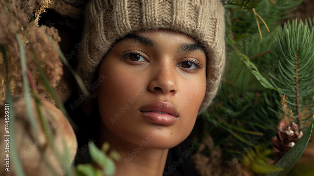 Young woman wearing a knitted cream beanie hat. Young woman wearing a knitted cream beanie hat.