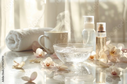 A tranquil morning skincare routine depicted on a sleek marble countertop illuminated by soft  diffused early morning light filtering through a fluttering sheer curtain.