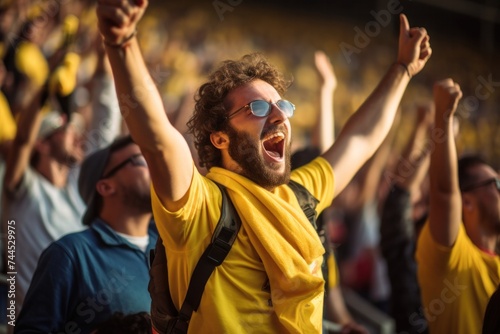 Yellow shirt fans having fun at a football event Shouting and gesturing with happy hands Show your love for this game.