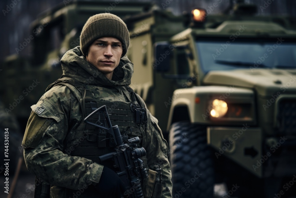 Soldier standing near military equipment armored tank weapons
