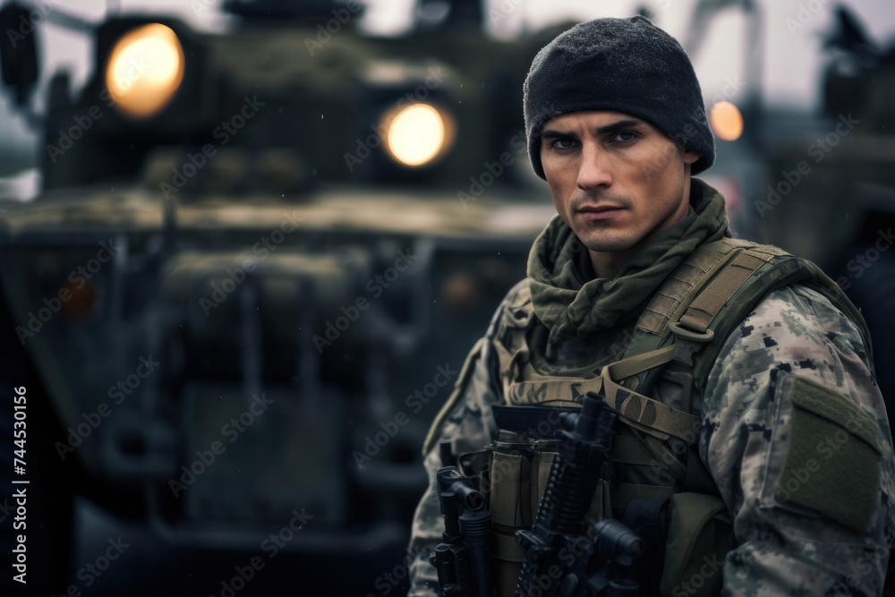 Fototapeta premium Soldier standing near military equipment armored tank weapons