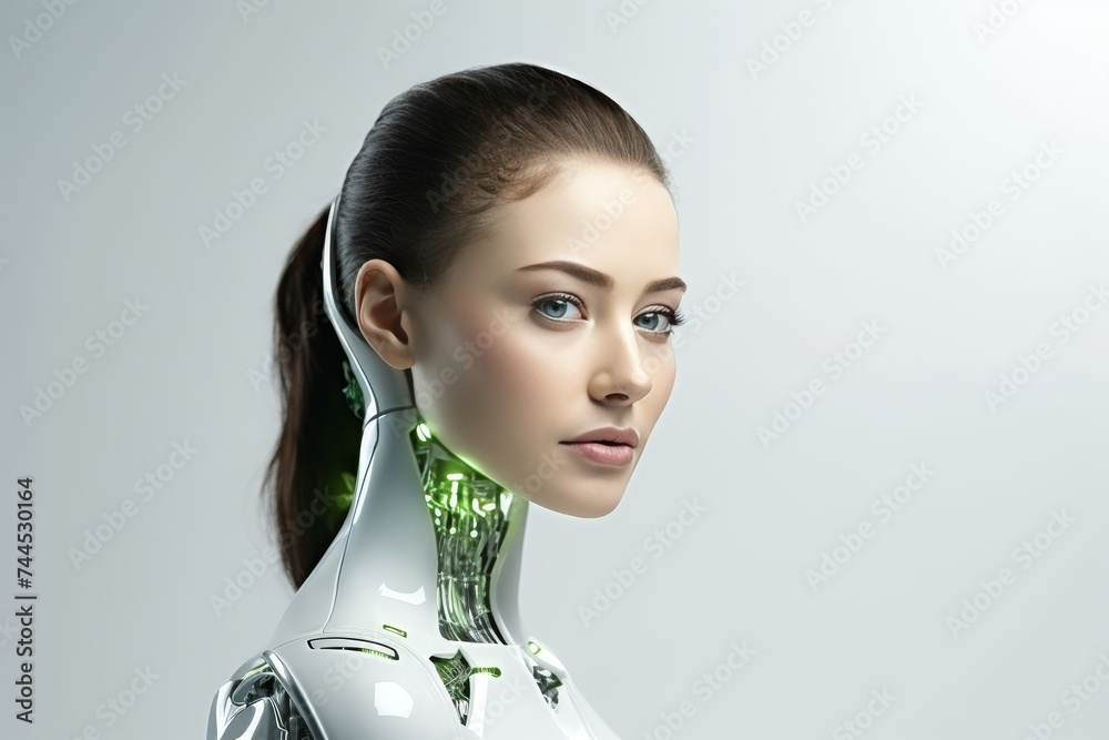 Beautiful cyborg woman in white and green on gradient background - futuristic technology concept Beautiful cyborg woman in white and green on gradient background - futuristic technology concept