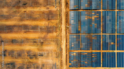 An aerial perspective of a large solar farm amidst a barren landscape.