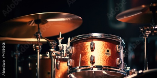 Close-up photo of a drum set fragment indoors, softly illuminated, capturing high-quality instruments used in bands.