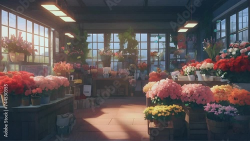 the atmosphere in a flower shop with various beautiful colorful flower arrangements, anime or cartoon flower shop illustration style, seamless looping 4k time-lapse virtual video animation background photo