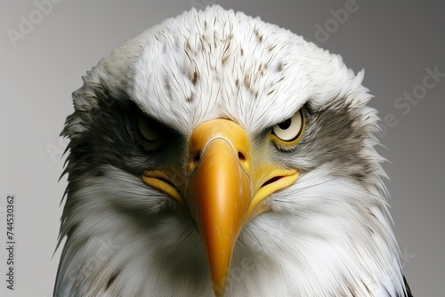 This striking image captures the intense gaze of a bald eagle, showcasing its sharp yellow beak, piercing eyes, and the detailed texture of its white feathered head against a soft gray background. The