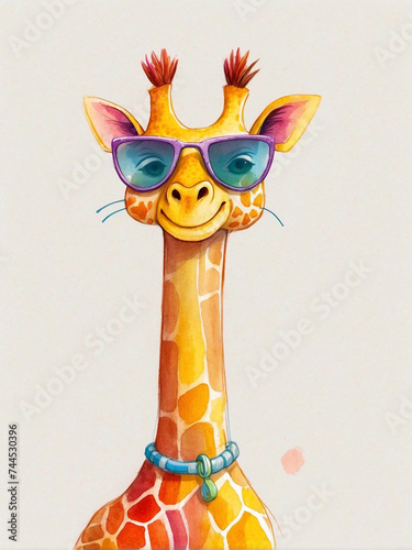 Cute Giraffe with Glasses, Watercolor Illustration.
