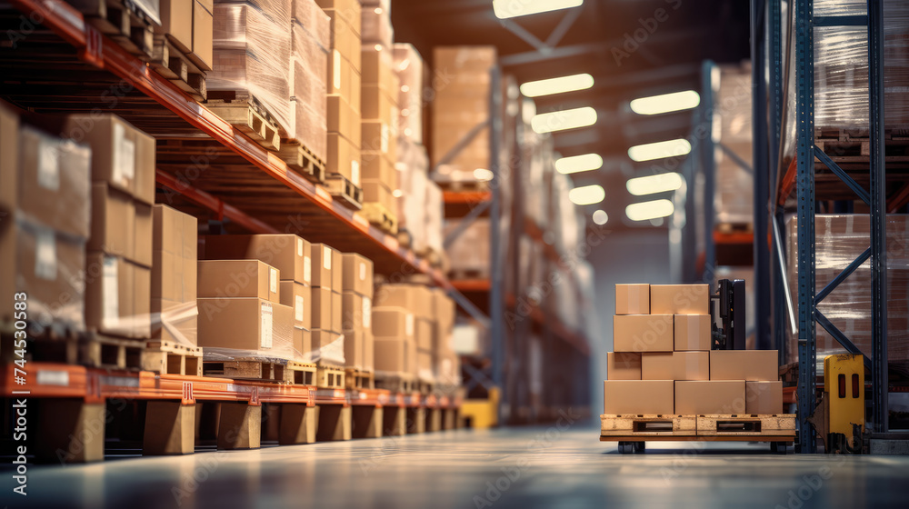 Retail warehouse full of shelves with goods in cartons, with pallets and forklifts.	
