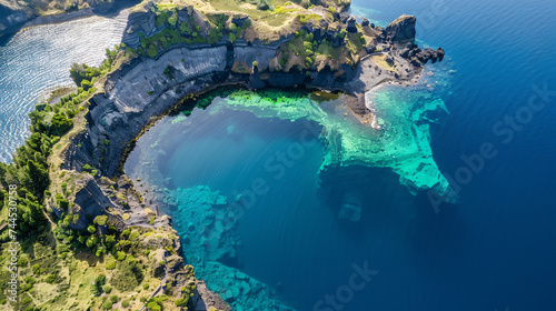 An aerial perspective of a volcanic crater lake with deep blue waters.