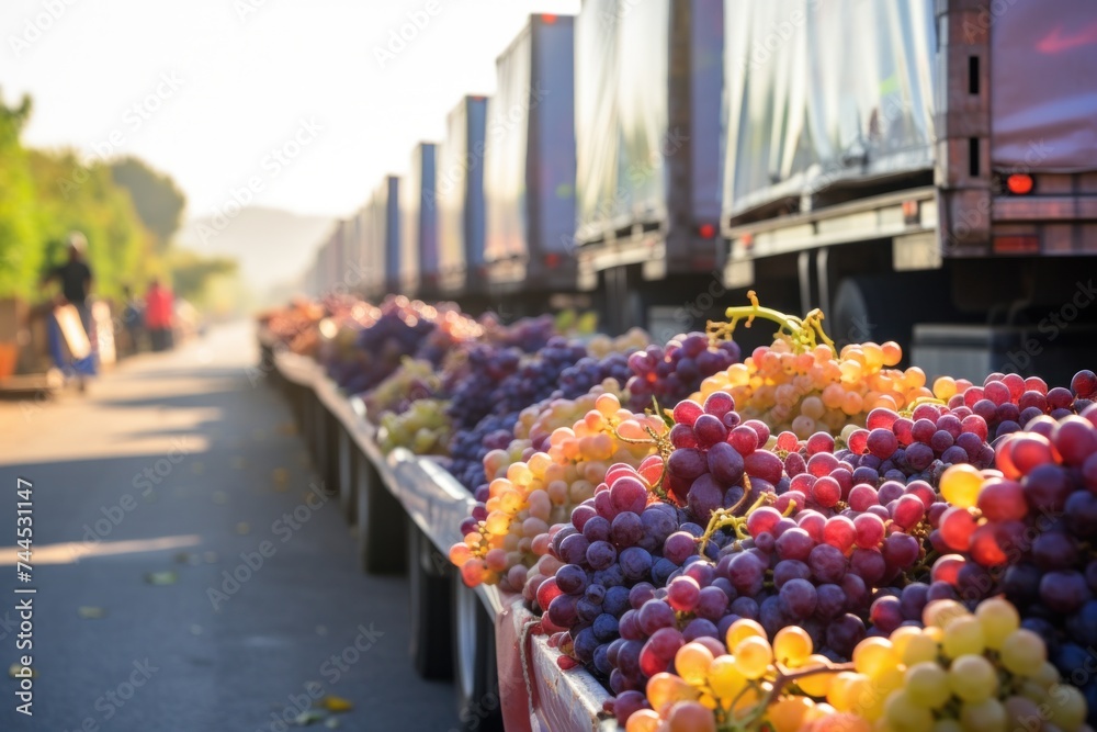 Fruit and food distribution trucks loaded with containers full of grapes ready to be shipped to the market.