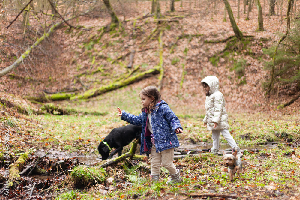 Two little kids, boy and girl, playing with dog in forest Two little kids, boy and girl, playing with dog in forest