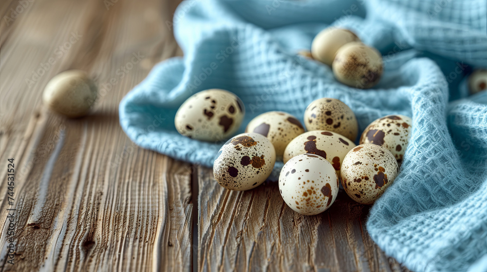 Small spotted quail eggs on a towel on a wooden background Small spotted quail eggs on a towel on a wooden background