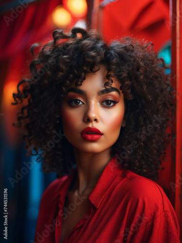 Radiant Beauty, Curly-Haired Woman with Bold Red Lips on a Crimson Background.